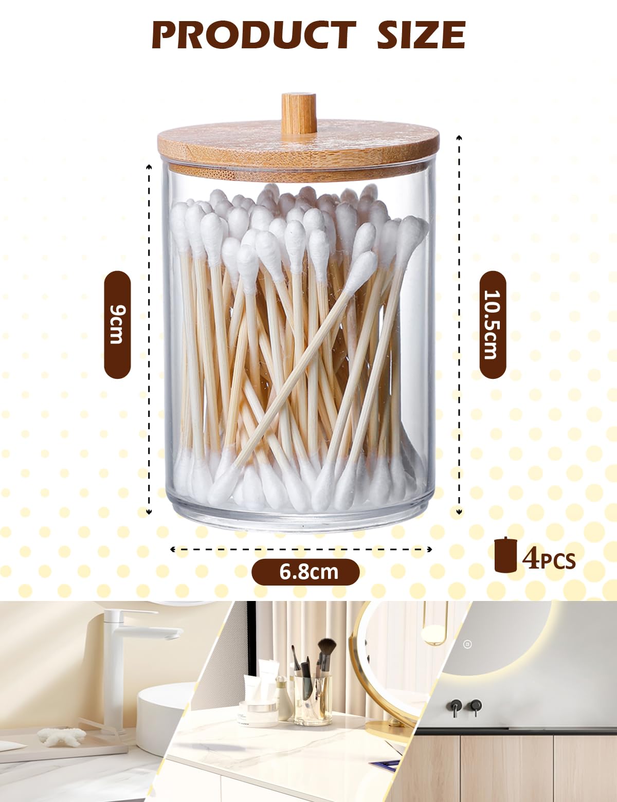 INCETUE 4PCS Cotton Pad Holder with Bamboo Lid for Bathroom Storage Acrylic Cotton Swab Dispenser - Image 2