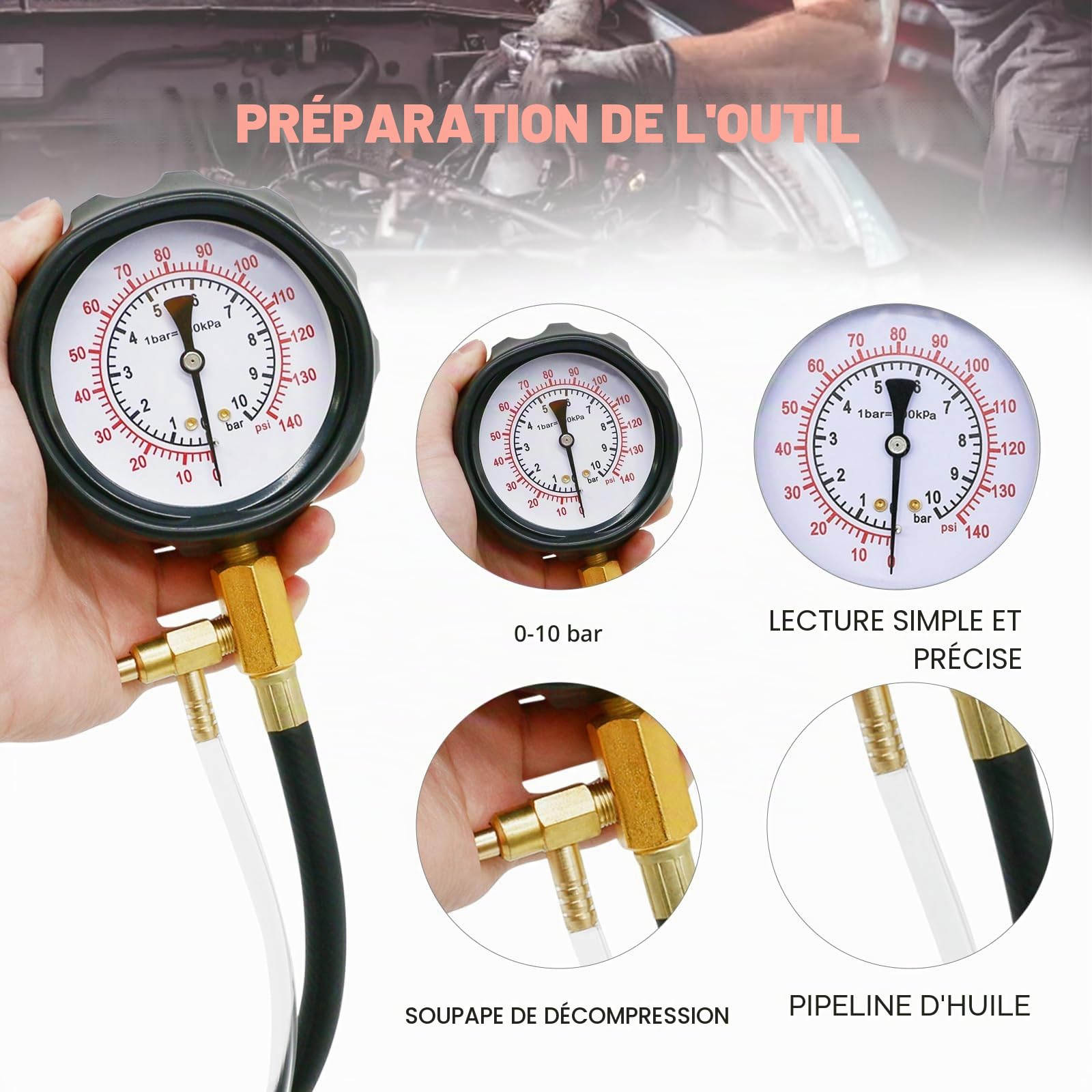 Testeur de pression d'injecteur de carburant avec adaptateur et manomètre 0-140PSI Testeur de pression de pompe à carburant, voiture, camion, moto, outils de diagnostic