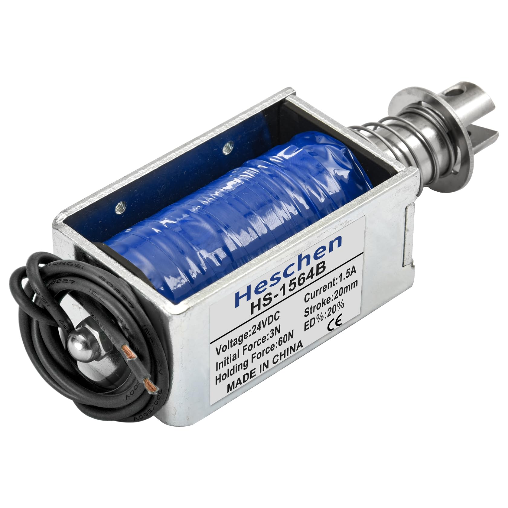 Heschen Électroaimant solénoïde, HS-1564B, DC24V 1.5A, course 20 mm, force 60N, type Push Pull, cadre ouvert, mouvement linéaire