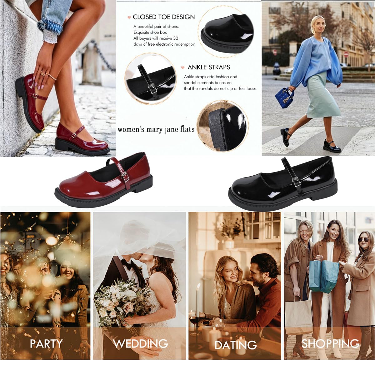 Mary Jane Chaussures de ballet orthopédiques confortables en cuir verni avec bout rond Noir