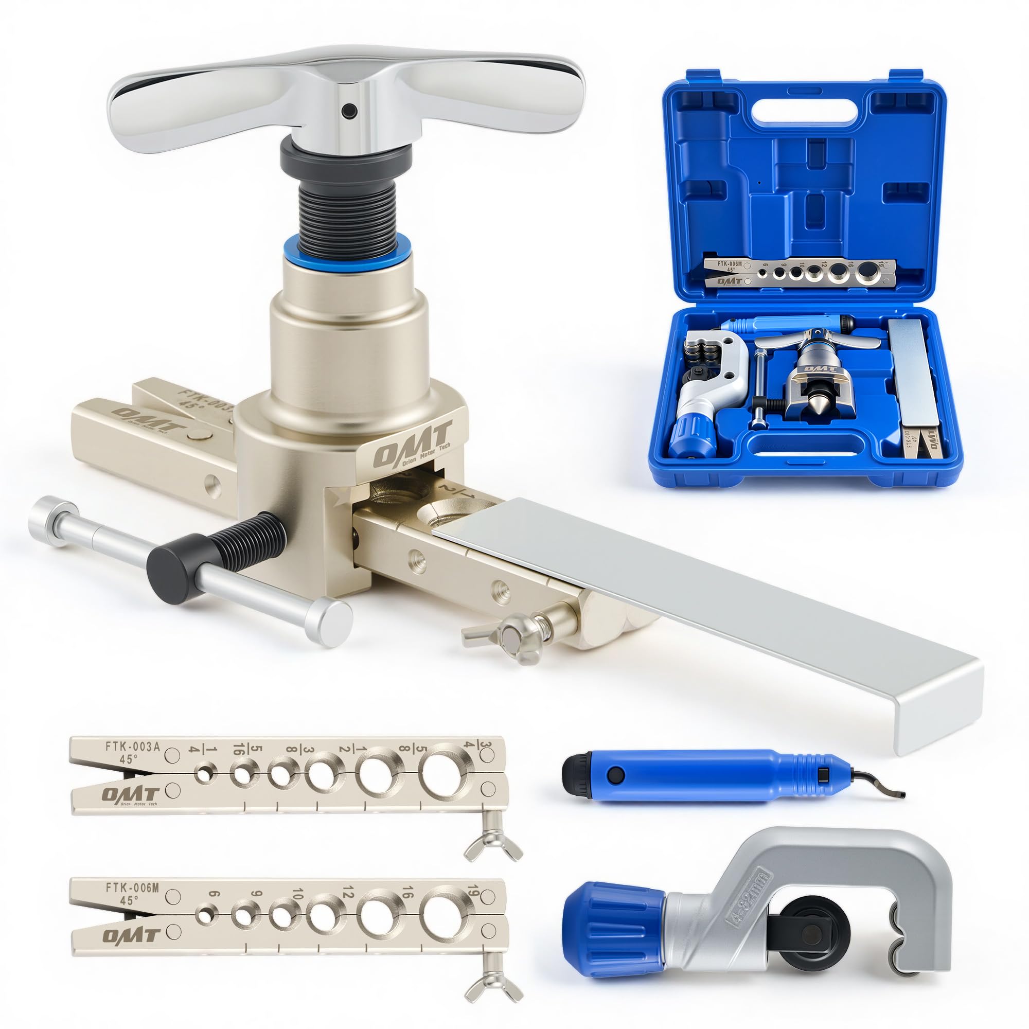 Orion Motor Tech Coffret Dudgeonnière HVAC, Limiteur de Hauteur Magnétique 1/4"-3/4" & 6-19 mm pour Collets Simples Excentriques à 45°, Kit d'Évasement avec Coupe-Tube et Ébavureur
