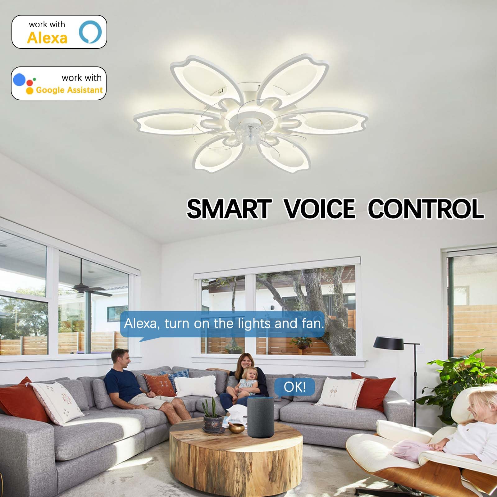 Weiß Deckenleuchte mit Ventilator Alexa-kompatibel für Schlaf | App und Fernbedienung Ventilator mit Licht,108W Deckenventilator mit Beleuchtung leise 6-Gang,Timer