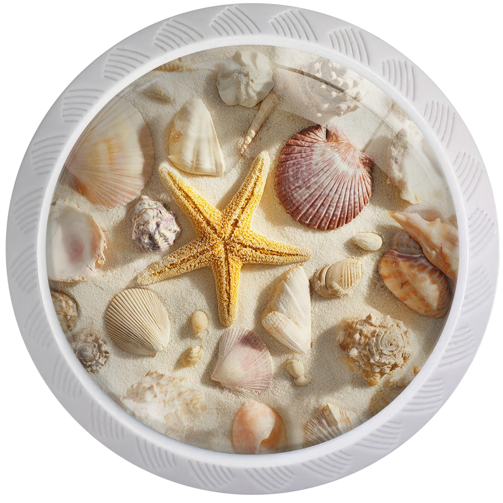 Artinhand 4 Pack Seashells and Starfish Cabinet Knobs Round Drawer Pulls White Dresser Knob Cupboard Door Handles Hardware for Kitchen Bathroom Cabinets