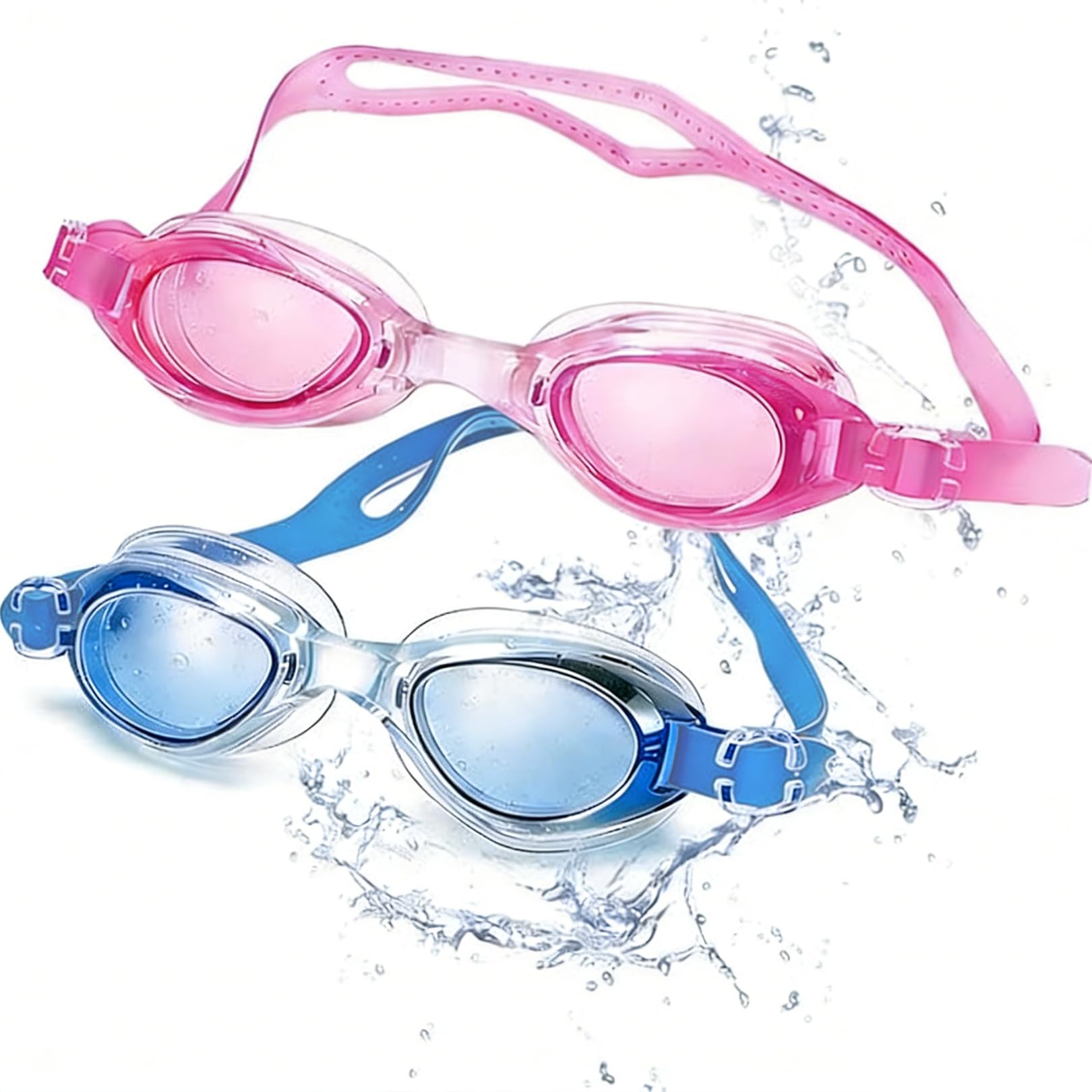 Kitcariole 2 Pack Adult Women Men and Junior Boys Girls, Waterproof Anti Fog Swim Glasses with Clear Lenses, Soft Fit and Quick Adjustable Straps, Blue Pink