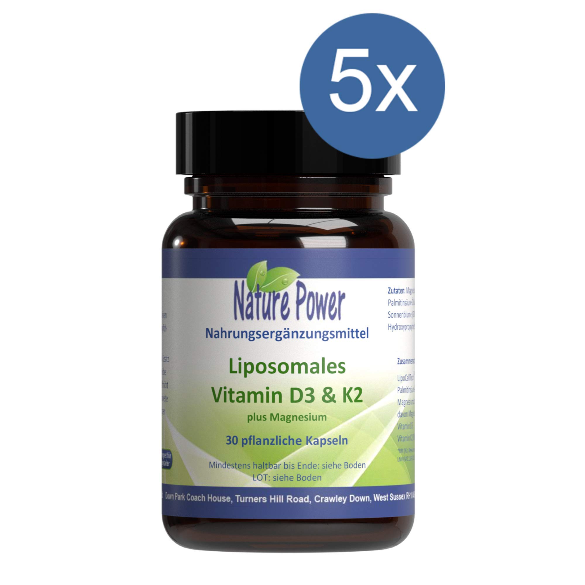 Liposomales Vitamin D3 & K2 plus Magnesium : 4 + 1 Angebot | von Nature Power | 5 x 30 pflanzliche Kapseln