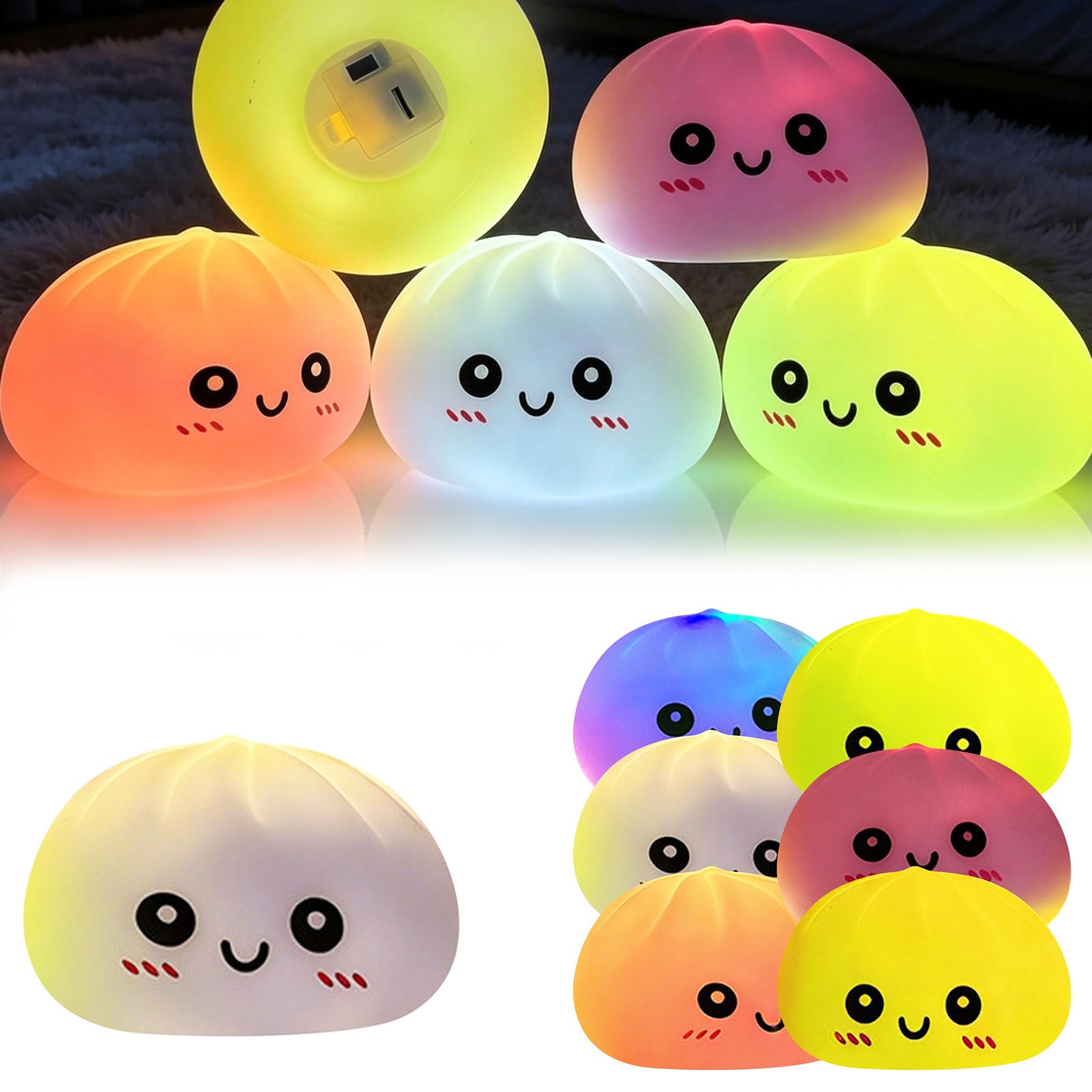 2026 New Night Light for Kids Room, Cute Lamp Dumpling Light for Girls Boys, Squishy Stress Ball with Steamer Box, Cute Anxiety Relief Fidget Toy for Adults Teens & Kids (WH, 10*10)