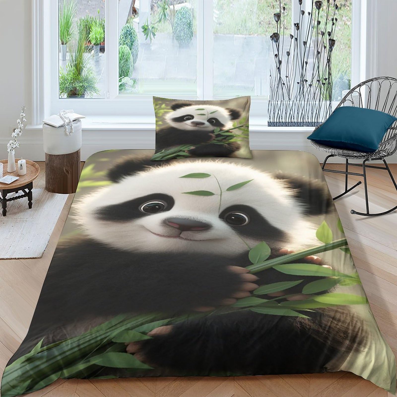 Parure housse de couette panda IOFEER 135x200cm avec taies pour lit simple enfant