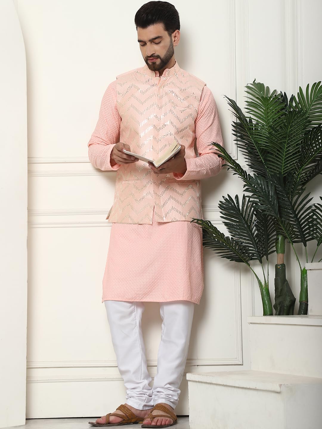 Sojanya (Since 1958 Men's Pure Cotton Peach Kurta And White Pyjama With Sequins Pink Nehru Jacket