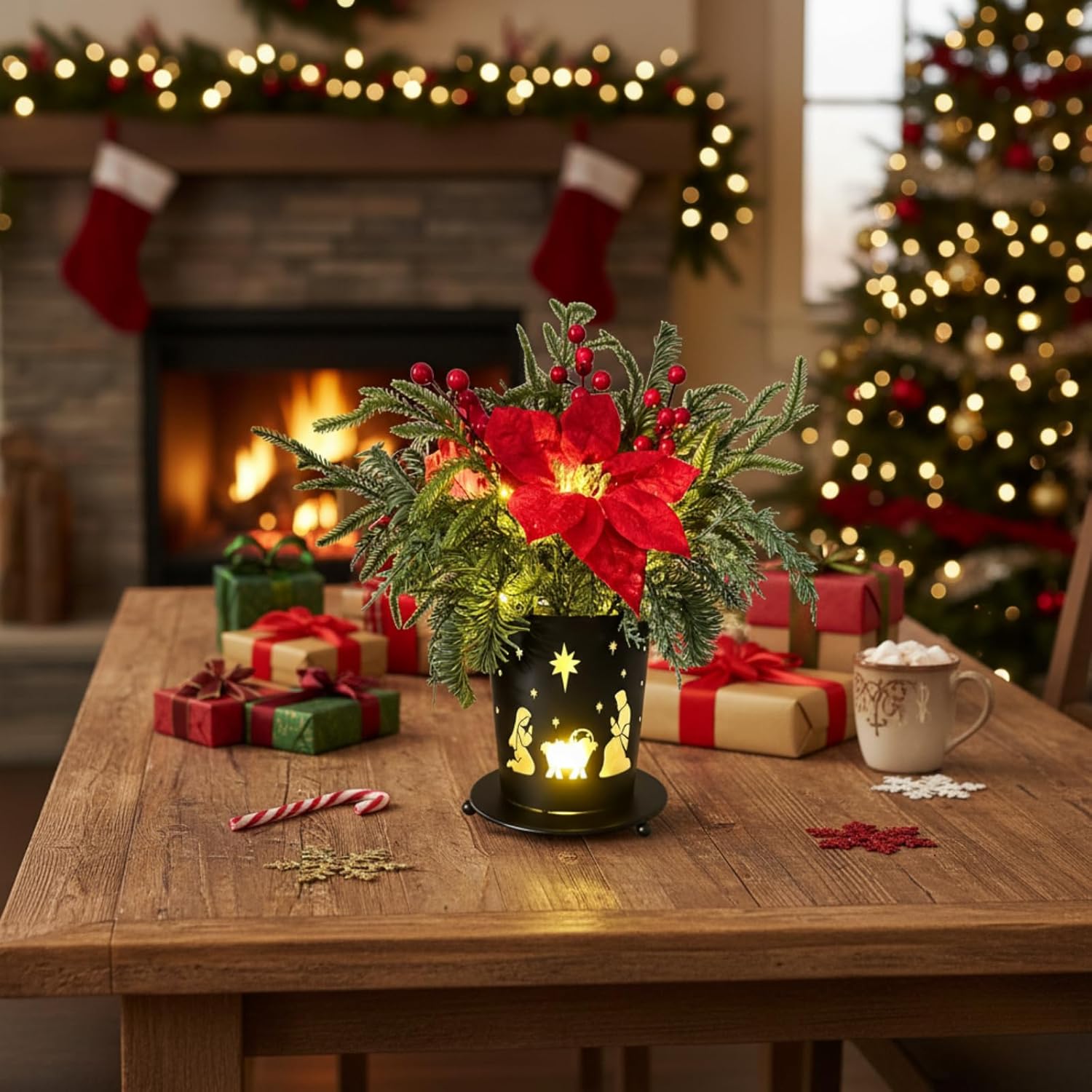 Lighted Christmas Centerpiece Metal Potted with Timer Christmas Nativity Scene Black Metal Base with Xmas Poinsettia Pine Needles Red Berries for Table Centerpiece Holiday Xmas Decor