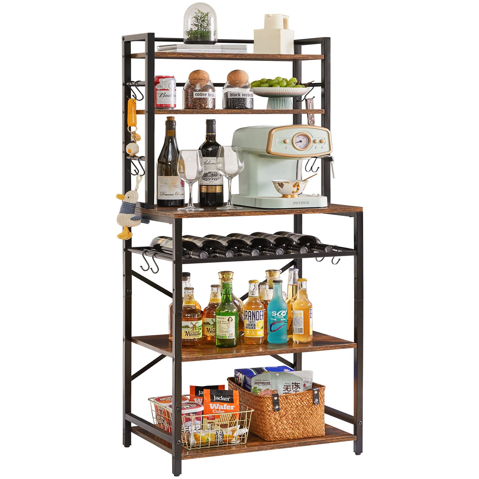 YMYNY Küchenregal, Bäckerregal Standregal mit Haken, Mikrowellenregal mit 6 Ablagen, Weinregal, Industrie Design, Mehrzweck-Organizer, für Mikrowelle, Kochutensilien Braun-schwarz HBR003H