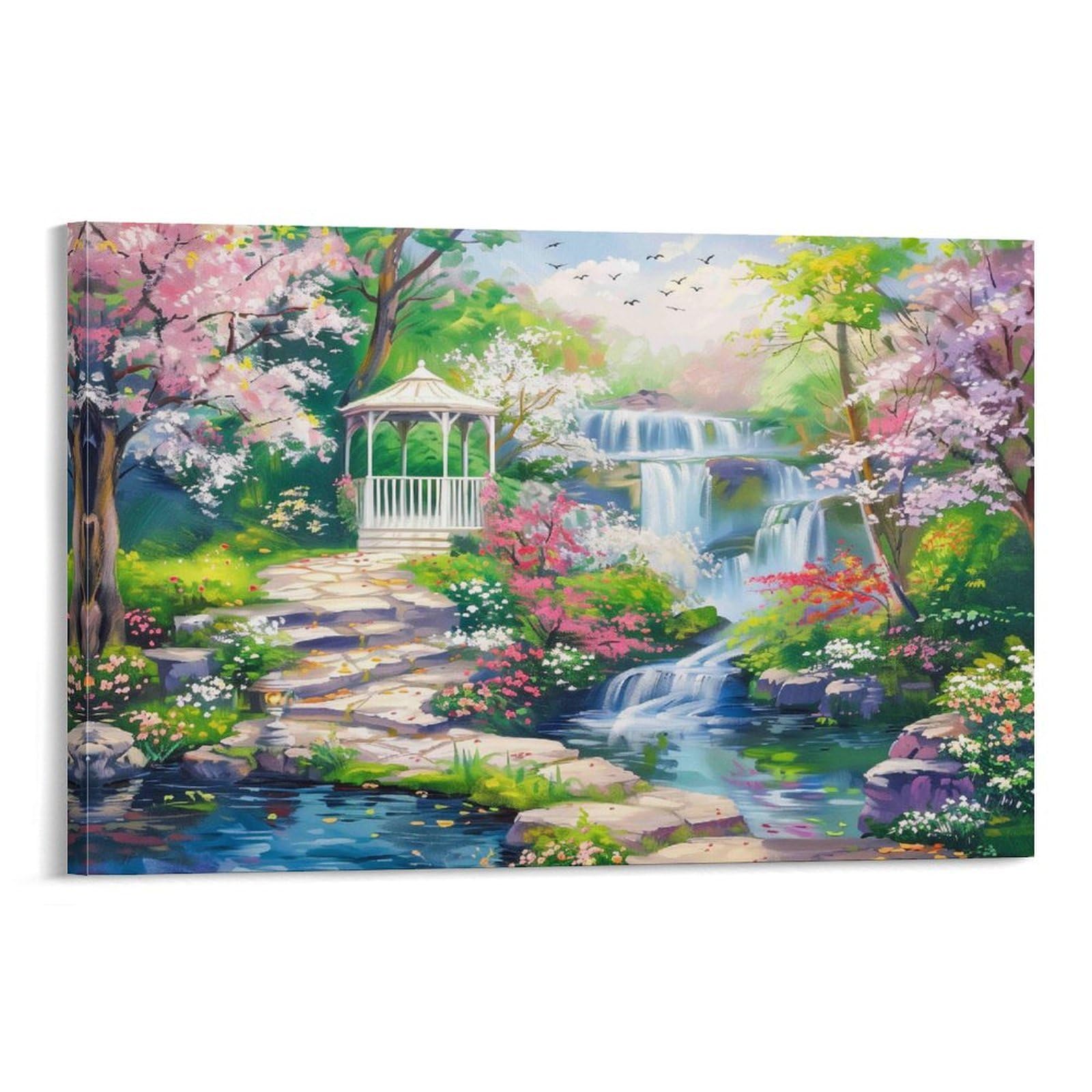 CPLVKWRQJ Spring Garden Scene Individual Garden Gazebo Beside Cascading Waterfall Canvas Print - Office Wall Art Fade Resistant Statement Piece Ready to Hang 20x30inch(50x75cm)