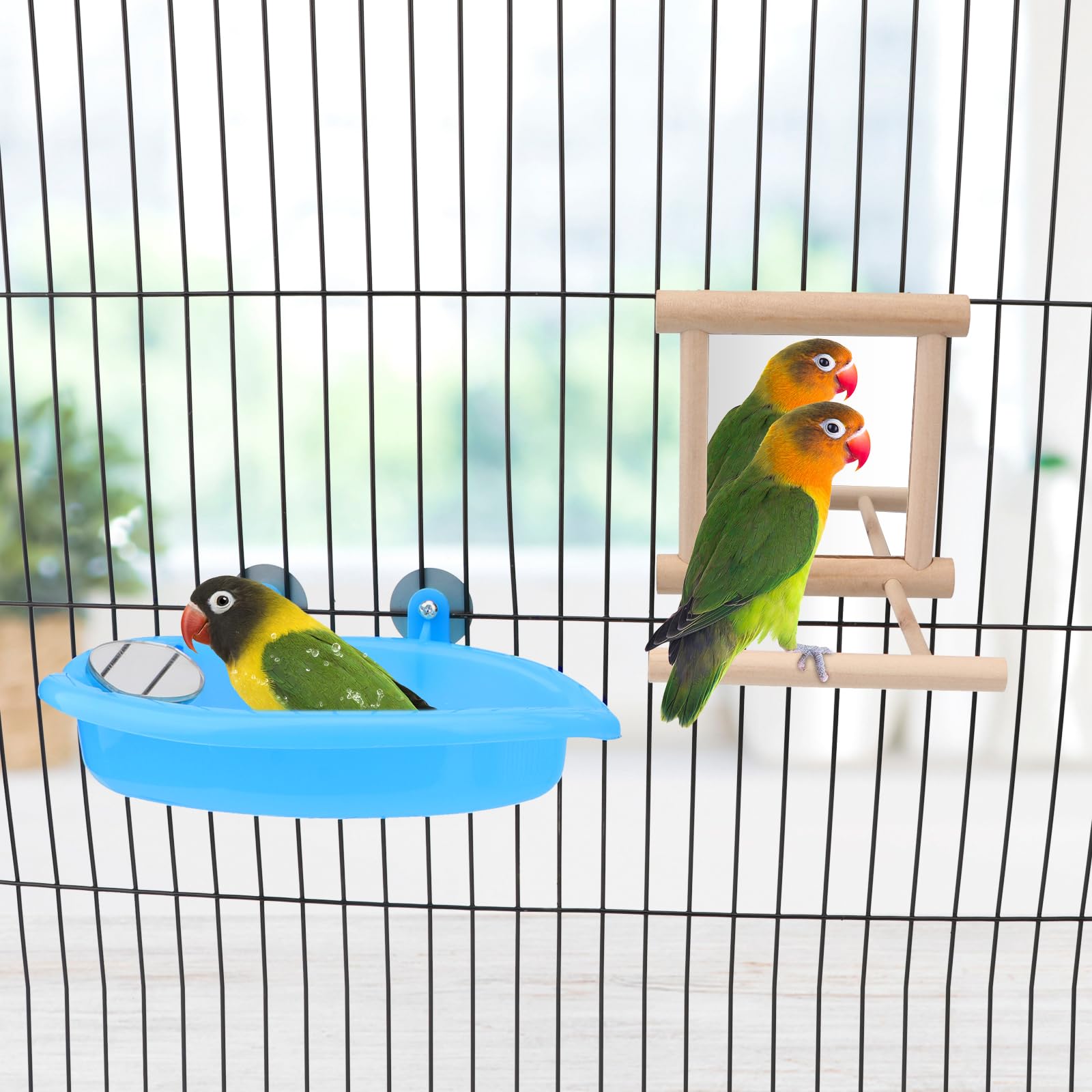 Wontee Bird Bath Parrot Bathing Tub Bird Mirror with Perch Toys for Budgies Parakeets Cockatiels Lovebirds Finches Canaries (Blue (B)) - image 2