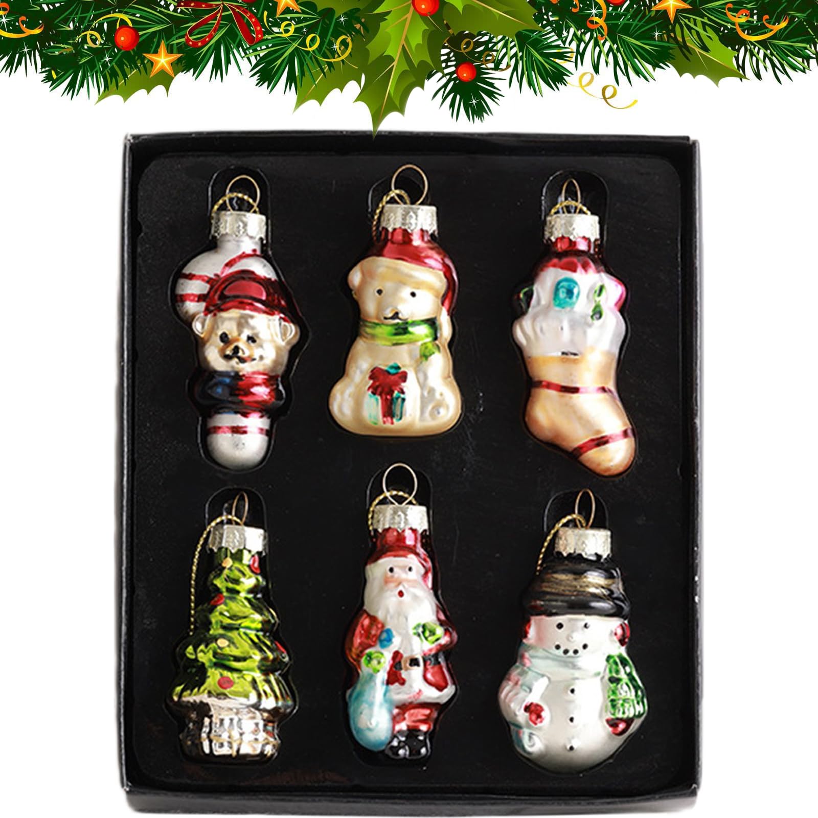 Set of 6 Mini Glass Christmas Tree Hanging Decorations, 5cm Christmas Glass Ornament Santa Claus Bear Snowman Xmas Tree Sock Pendant For Holidays Home Decor (Multicolor A)