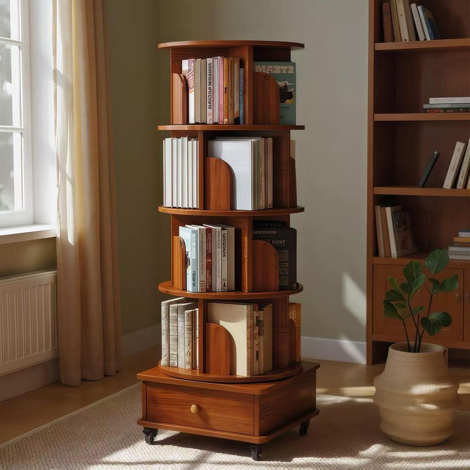 6 Tier Rotating Bookshelf with Cabinet On Wheel, 360° Display Spinning Corner Book Shelf Tower, Narrow Tall Bookshelves, Small Revolving Bookcase, Wooden Book Shelf Standing Storage Rack