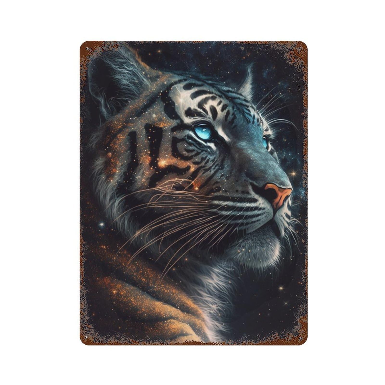 Rust Effect Galactic Tiger Portrait-18 Rustic Tin Plaque 15.7"x11.8", Classic Wall Plaque for Shed, Workshop And Garage Wall Decor