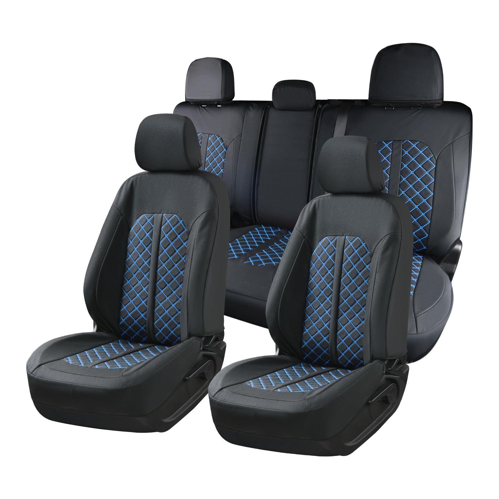 Truckiipa Full Set Leather Seat Covers Fit for Toyota Tacoma Full Coverage Waterproof Seat Covers Cushion Protector Fit for 2016-2023 Toyota Tacoma Double Crew Cab, Full Set, Black&amp;Blue
