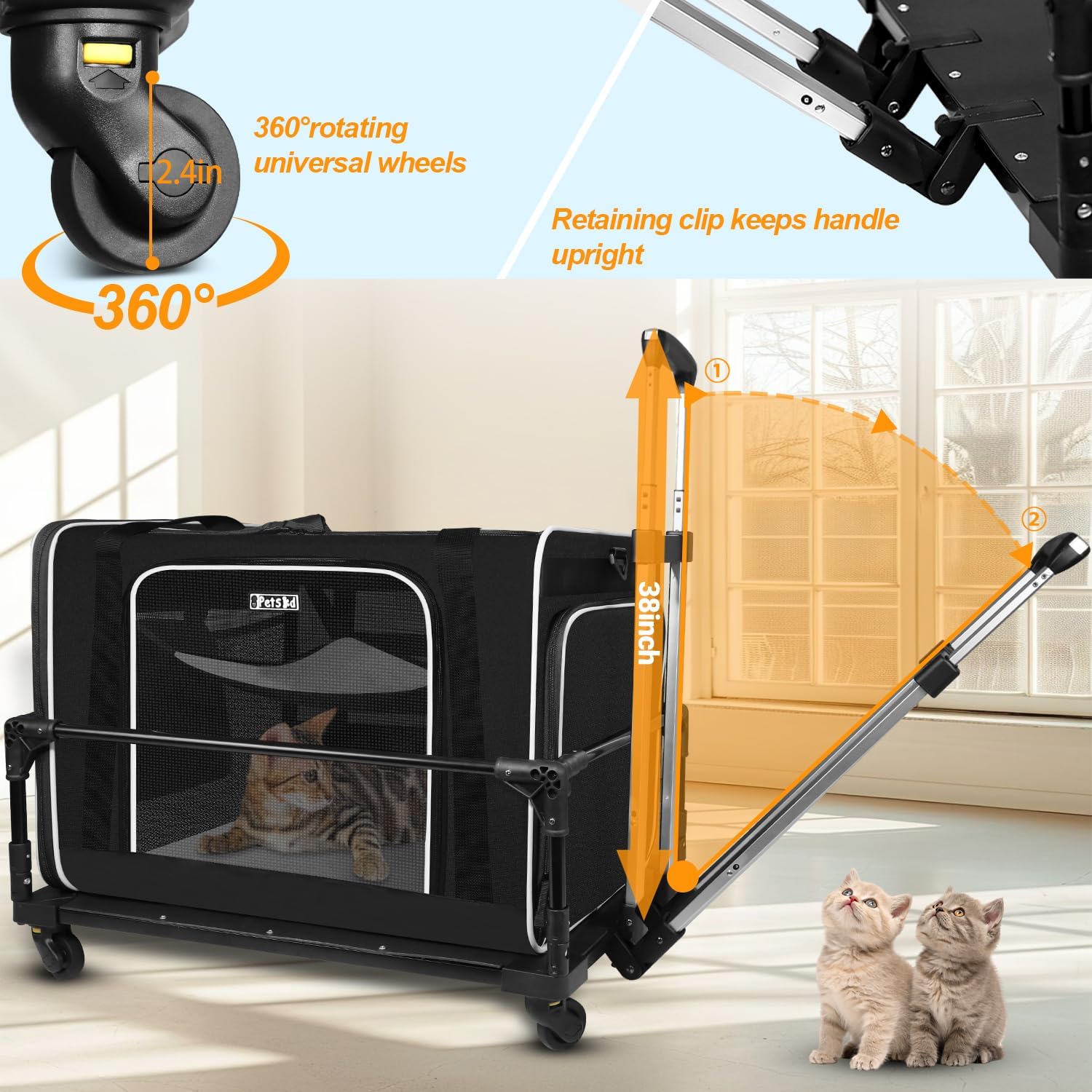 Petskd Side Expandable Extra Large Cat Carrier with Wheels and Litter Box, 24"x17"x17" Soft-Sided Pet Carrier for 2 Cats Under 55 lbs with Zipper Locks for Car Travel (Black)