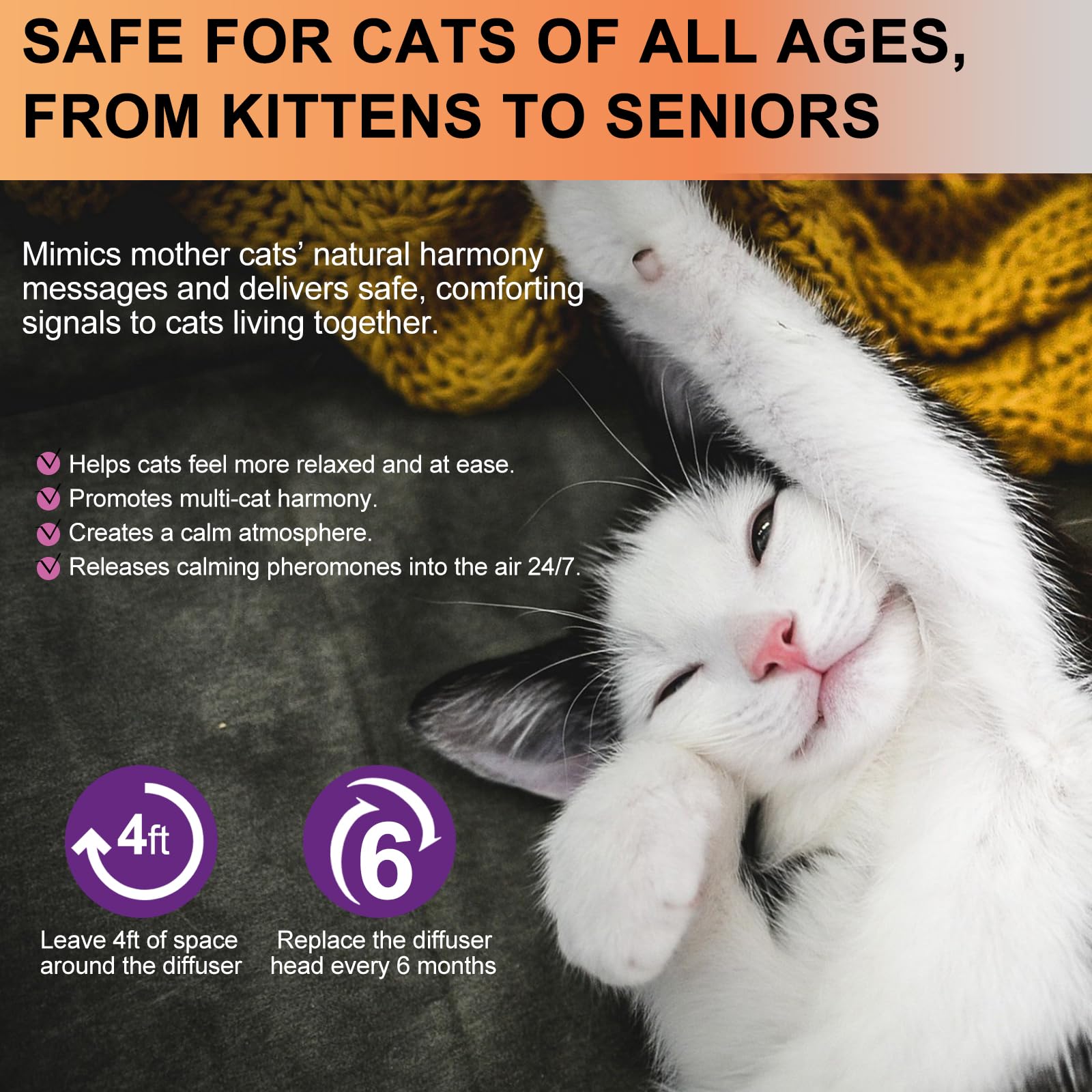 Ensemble diffuseur de phéromones apaisantes pour chat – 4 recharges de 48 ml + 1 diffuseur | Solution anti-stress pour chats | Soulage l'anxiété et favorise le calme (jaune, S)