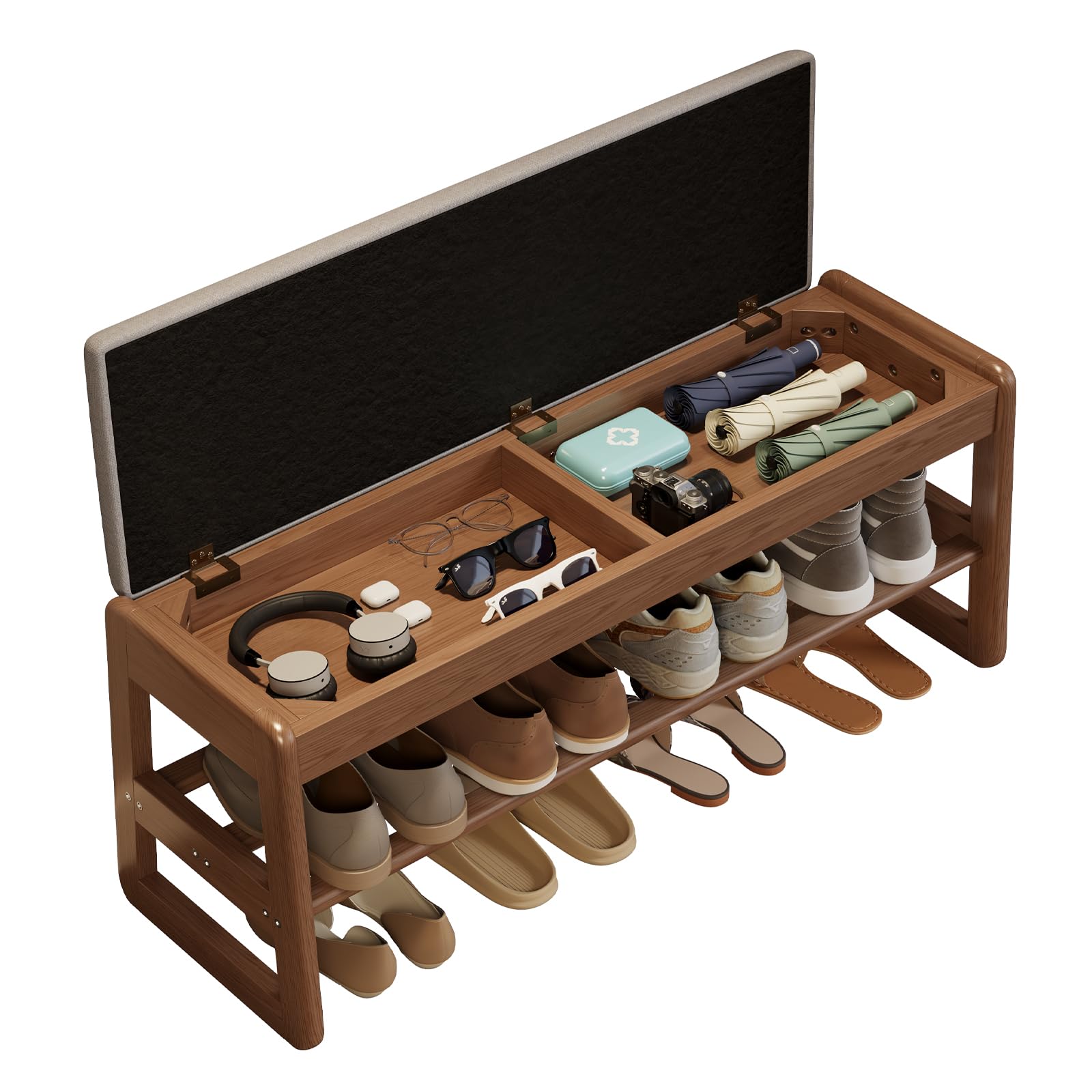 AQIMUELE Schuhregal Bank mit Kissen, 2 Ebenen, Schuhbank mit Klappdeckel, Schuhregal aus Holz für Eingang, Flur 100CM(Walnuss)