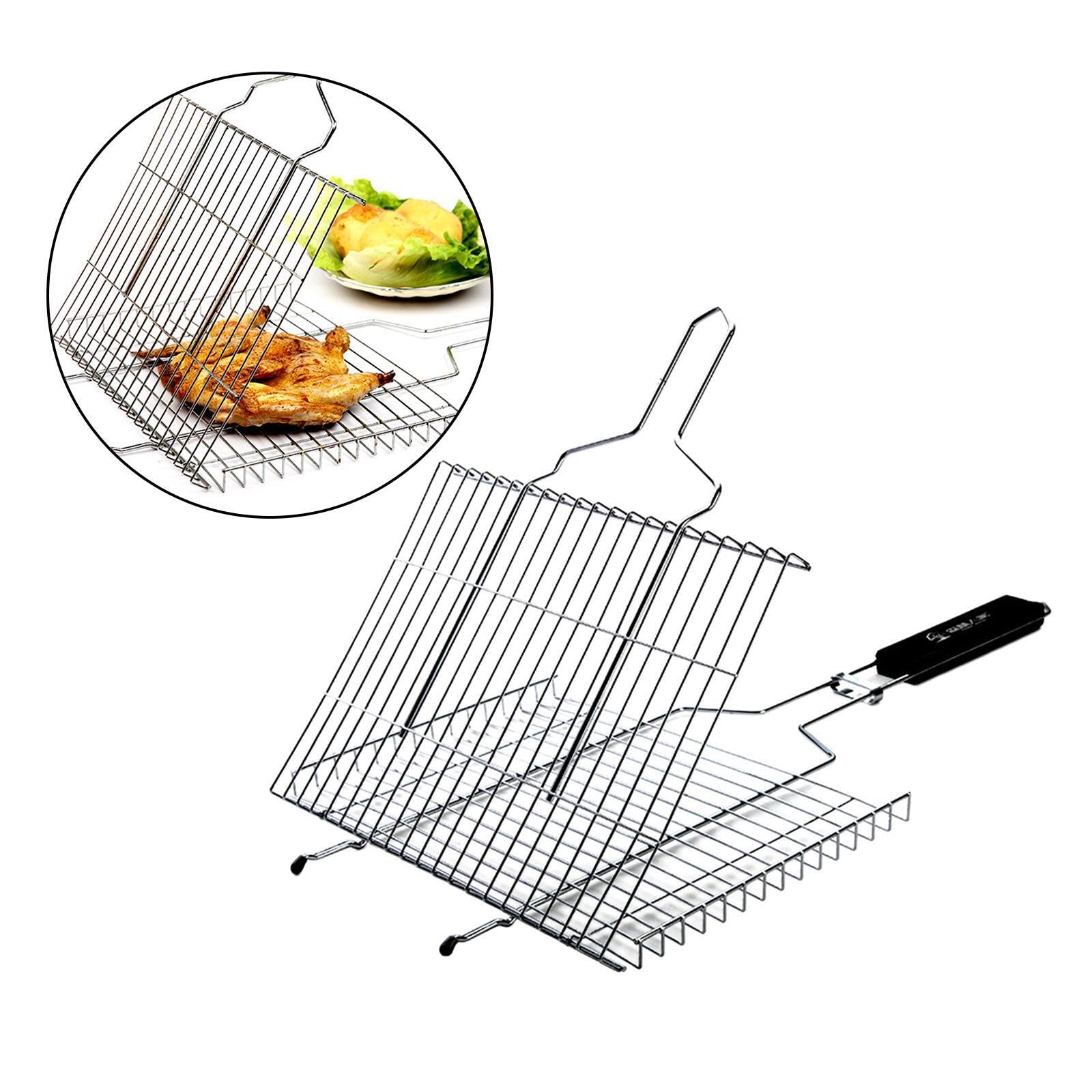 Cestino per griglia portatile, cestino per grigliare il pesce in acciaio Per inox con griglia bloccabile per cucinare all'aperto, reti pieghevoli, Argento, 62.5x42 cm