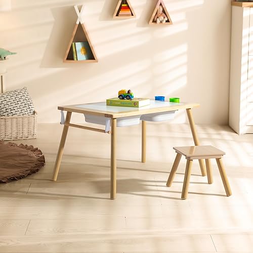Juego de mesa y sillas de madera, mesa de actividades con taburete, 2 contenedores de almacenamiento y soporte para rollos de papel, mesa de comedor