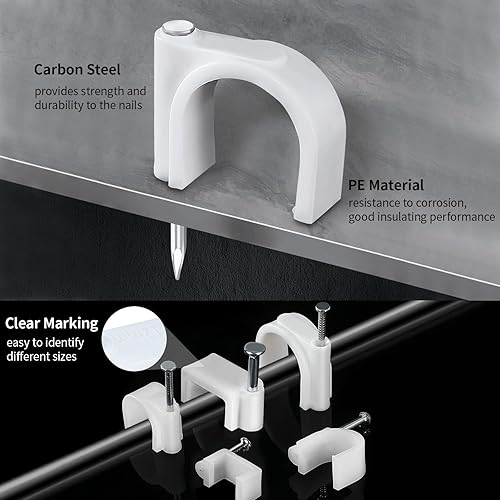 Miniatura 3 de LeMotech Clips para cables planos, 200 clips de pared de alambre de 0.394 pulgadas con clavos de acero, abrazaderas coaxiales para gestión de cables
