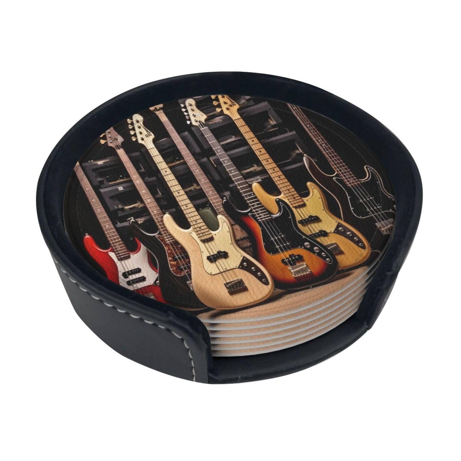 Ykclkshka White Guitar Bass Music Musical Instruments Round Leather Coasters (6 Pieces) - Drink Coaster Set For Desk, Modern Easy To Clean Home Office & Farmhouse Coasters