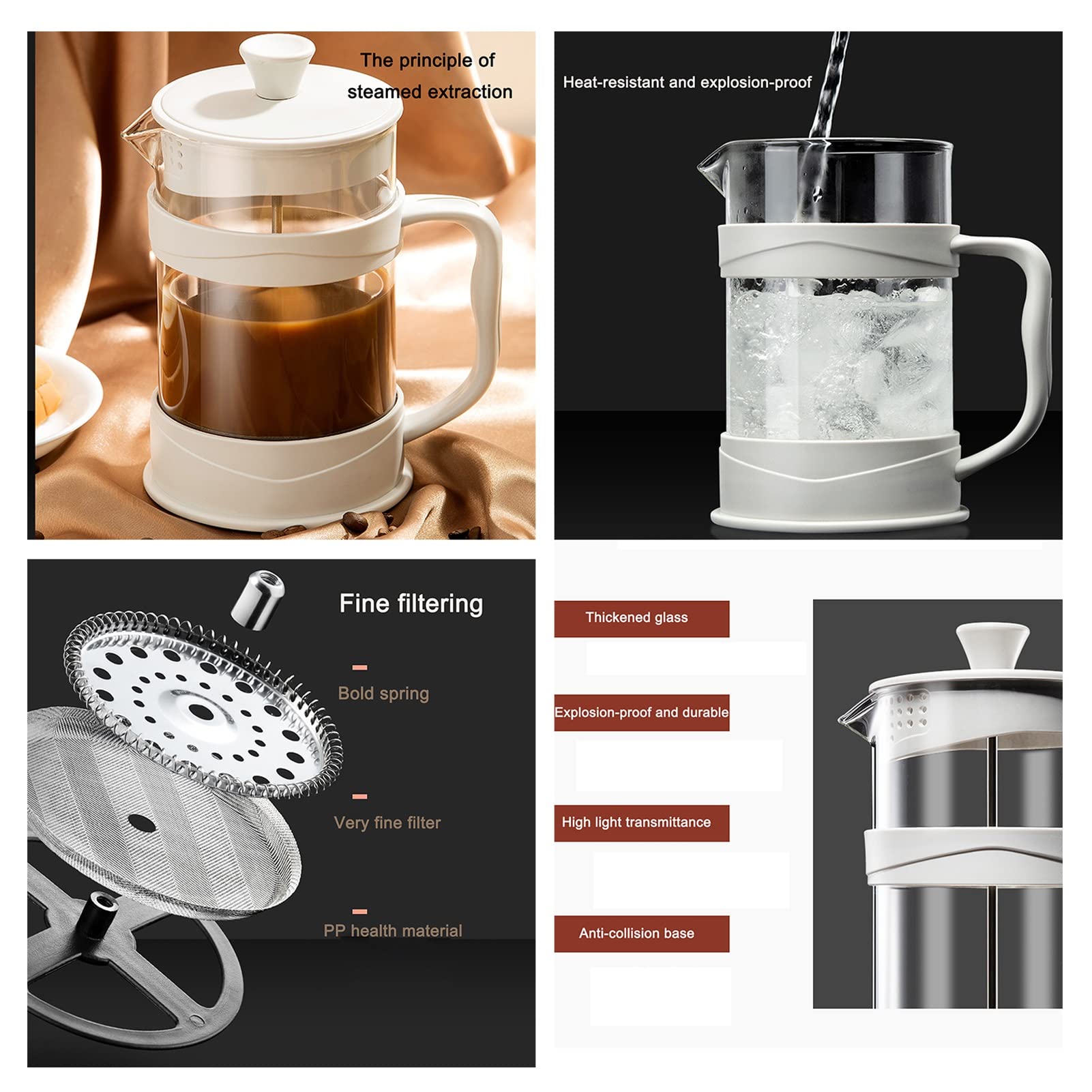 Cafetera Émbolo, Cafetera De Piston De Vidrio De Borosilicato Espesado Resistente Al Calor Con Sistema Filtración De 3 Niveles, Recipiente Extraíble Para Una Fácil Limpieza, Apta Para Camping, Prensa