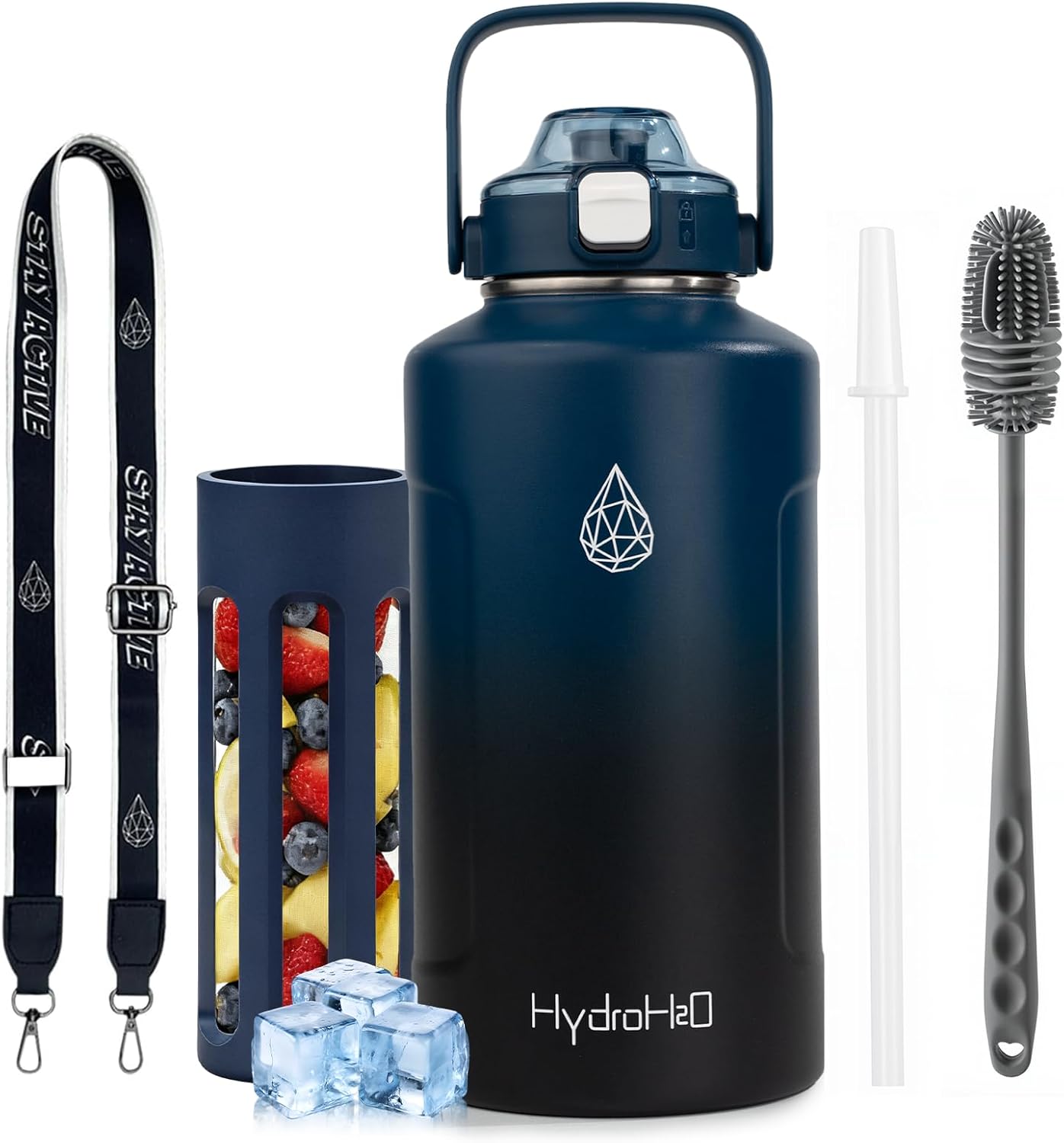 64oz Half Gallon Fruit Infuser Insulated Stainless Steel Water Bottle Jug, 48H Cold & 24H Hot, Large Capacity for Travel Hiking Mountain Climbing Indigo Gradient