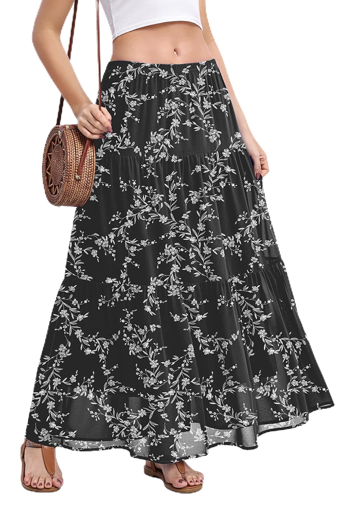 BEIGAI Rock Damen Sommer Elegant Hohe Taille Maxirock Lang Freizeitrock | Leicht Fließend A-Line Sommerrock, Elastischer Bund, Bohemien, Casual, für Alltag und Urlaub