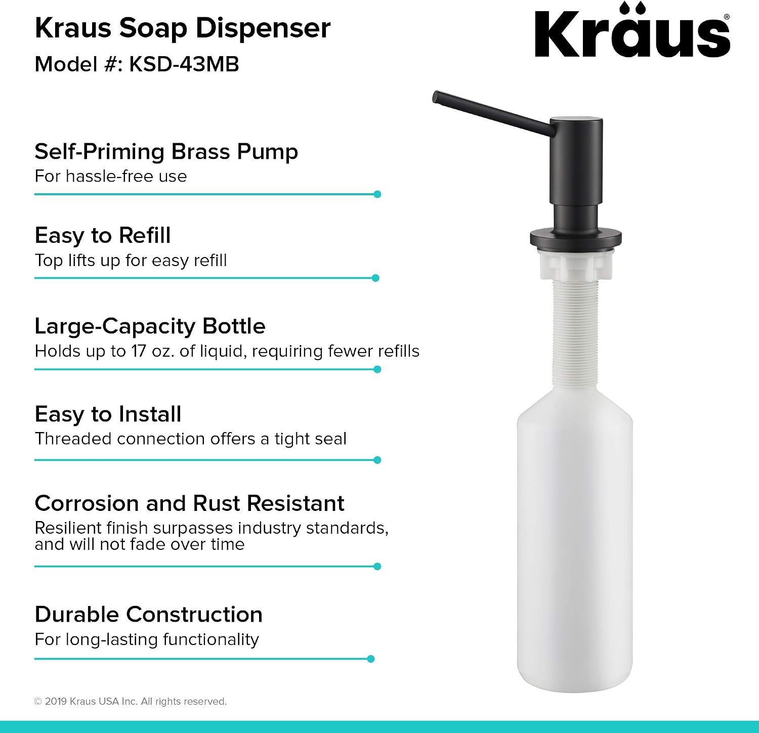 KRAUS Kitchen Soap and Lotion Dispenser in Matte Black, KSD-43MB