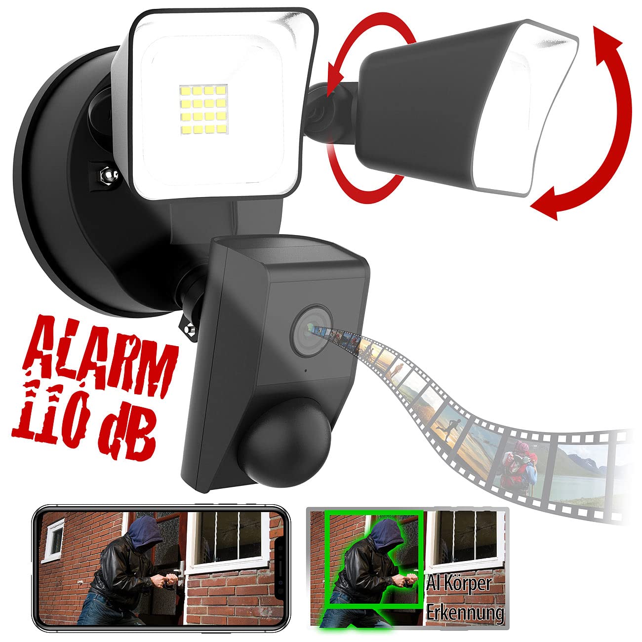 VisorTech Fluter: 2K-Kamera mit 2 LED-Strahlern, 2.400lm, Sirene, Nachtsicht, WLAN, App (Flutlicht mit Kamera, Outdoor Überwachungskamera WLAN, IP)