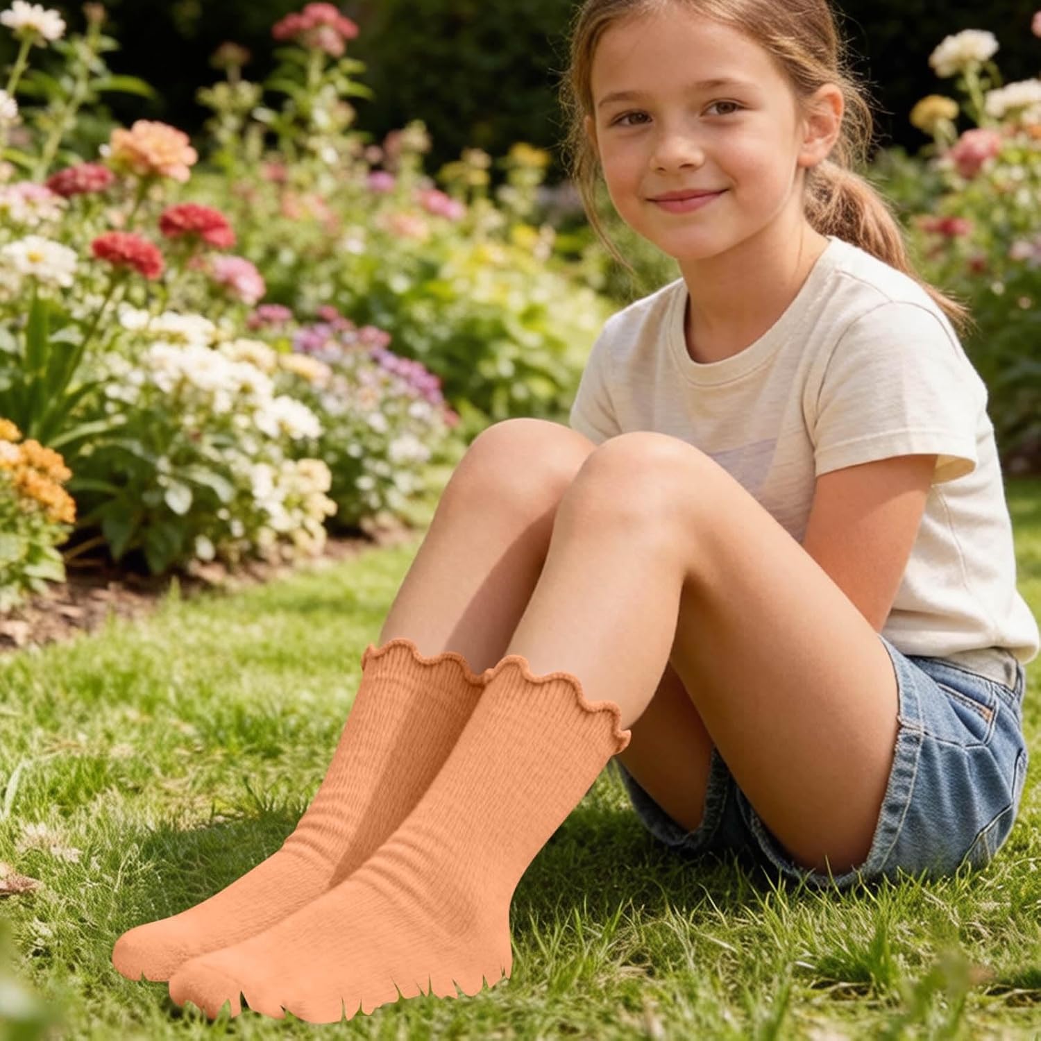 Girls Ribbed Crew Socks 5 Pairs Scallop Cuff Casual Dress Socks