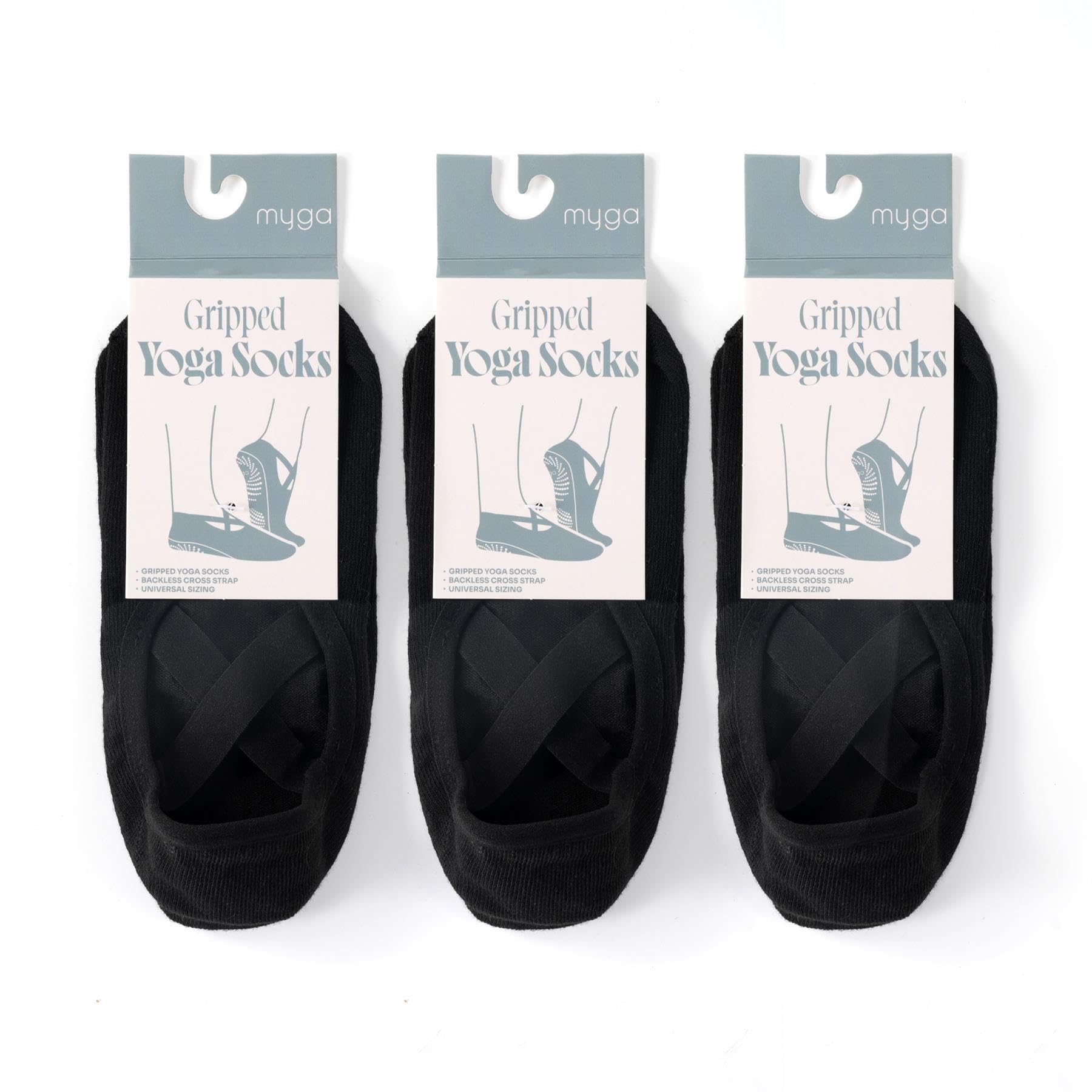 Myga Yoga Socks - 3 Pairs Non-Slip Pilates Socks for Women & Men with Grips and Straps - Anti-Skid Workout Socks for Yoga, Pilates, Dance & Exercise - Black, 3 Pack