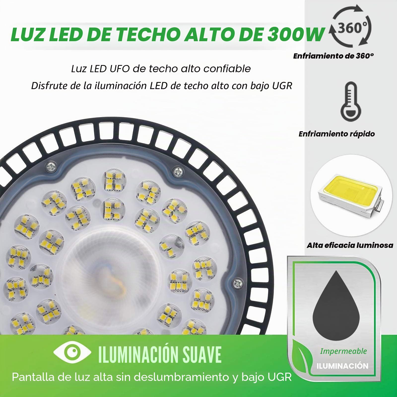 300W UFO LED Lámpara Alta Bahía, Campana Industrial, 30000LM Super Brillante, IP65 Impermeable 6500K Iluminación Comercial Para Naves Industriales, Garaje, Fábrica（300W,1 Unidade