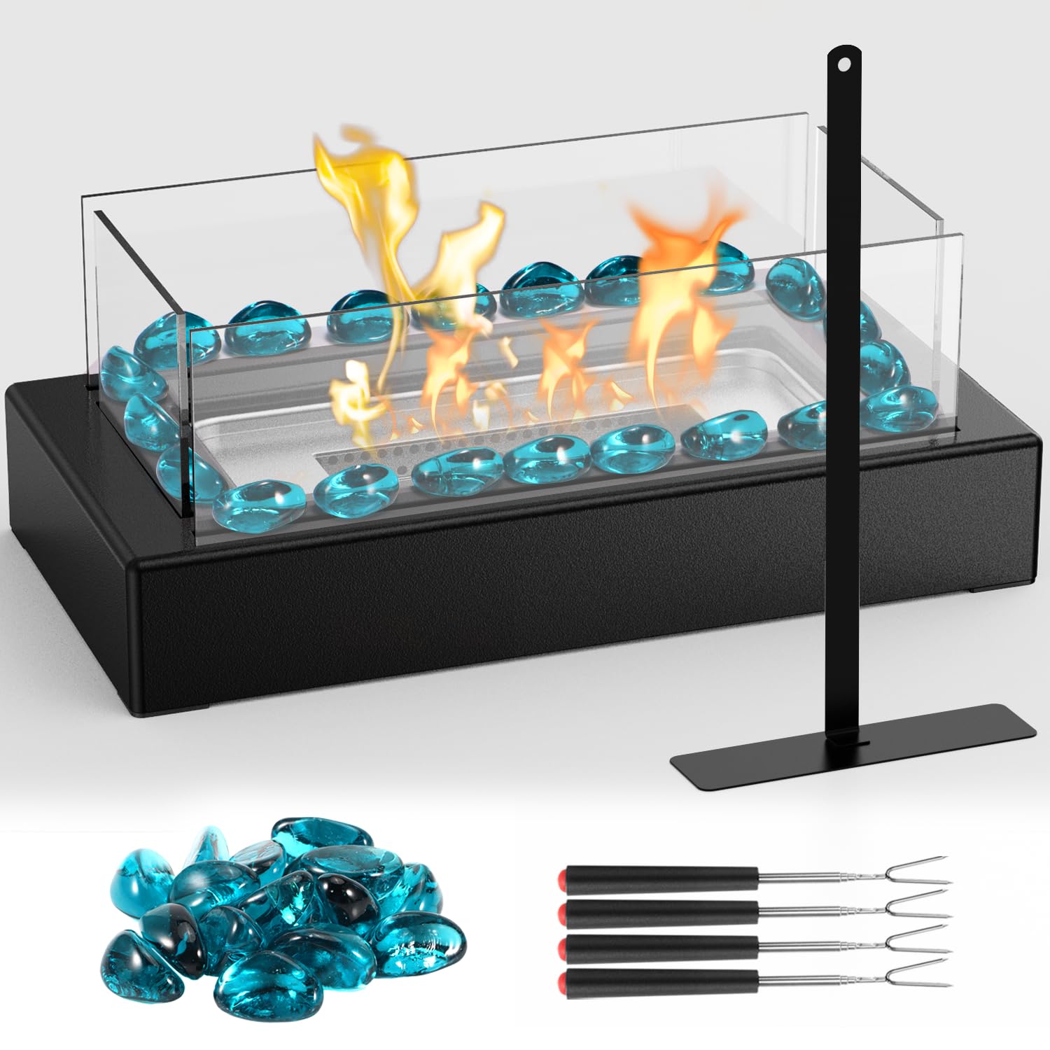 Tabletop Fire Pit Small Table Fireplace Safer Stainless Steel Blue Fire Glass Rock 4 Panels for S'Mores Maker Dinner Parties Decor Home Christmas Smokeless Indoor/Outdoor Mini Table Top Firepit Black
