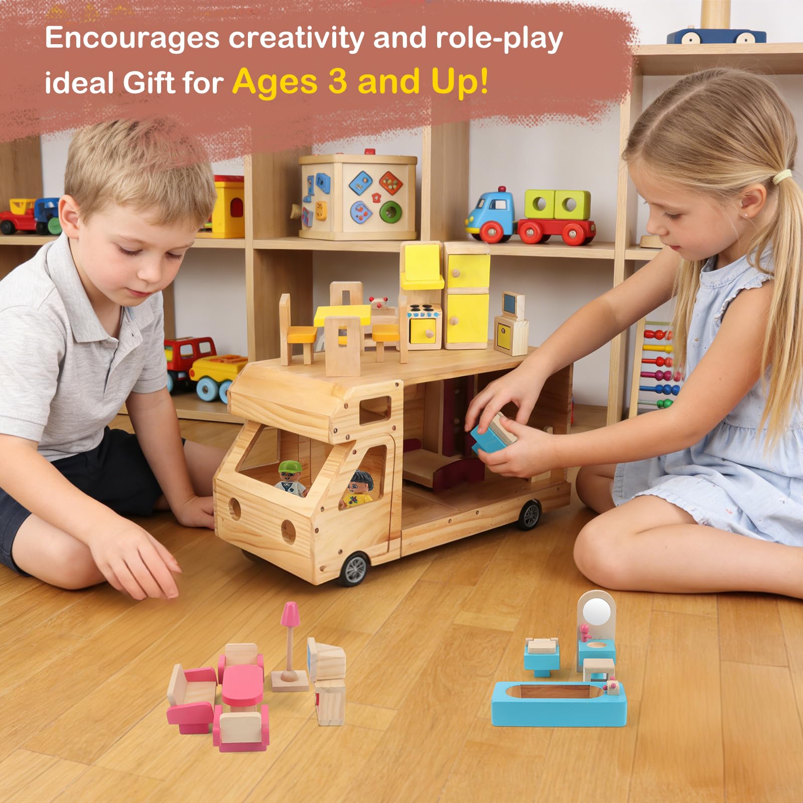Wohnmobil, Puppenhaus für Kinder, Holz, rollendes Wohnmobil mit kompletten Möbeln | Reise Puppenhaus Spielzeug mit Miniaturräumen für Jungen & Mädchen Pretend Play Adventure Home