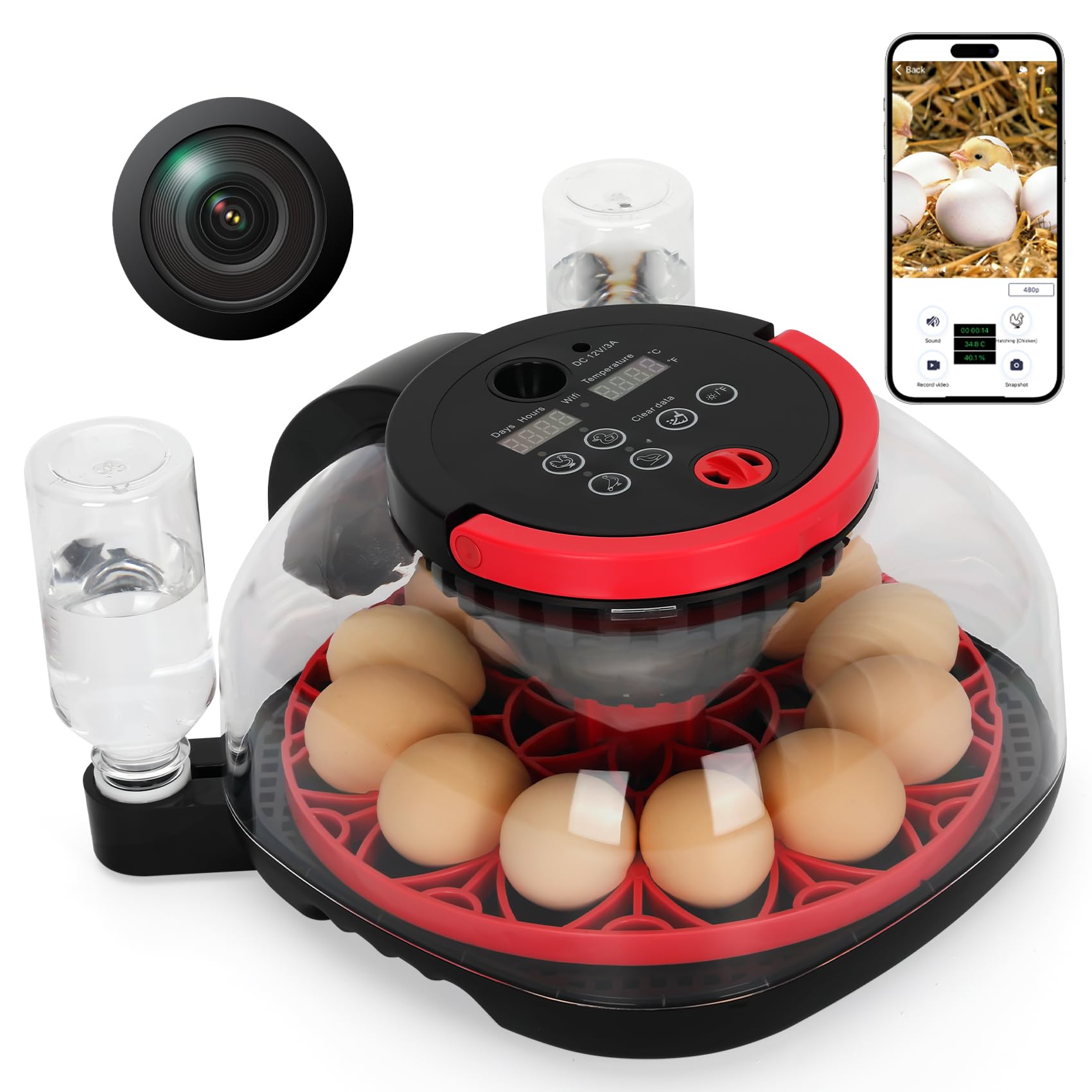 Automatic Egg Incubator for 12 Chicken Eggs with Camera APP Control, Temperature & Humidity Monitor, Auto Egg Turner, Record Life's Birth Moments for Chicken Duck Quail Pigeons