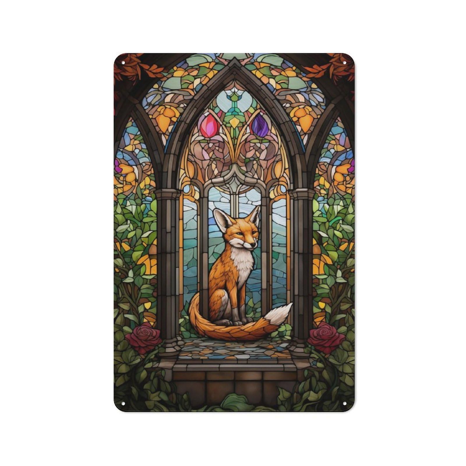 Junmoney Fox Stained Glass-1 Fox Stained Glass Cottage Style Metal Wall Decor 30X20cm, Farmhouse Metal Sign For Dining Room, Cafe, Entryway Or Family Room
