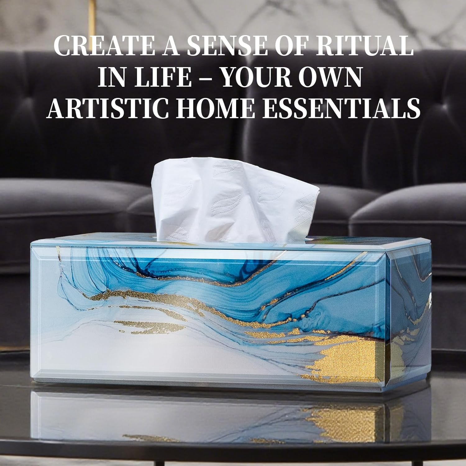 Glass Tissue Box Cover Rectangle-Marble Pattern Decorative Tissue Holder with Velvet Lining for Home Decor, Bedroom, Kitchen, Office (Blue & Gold)