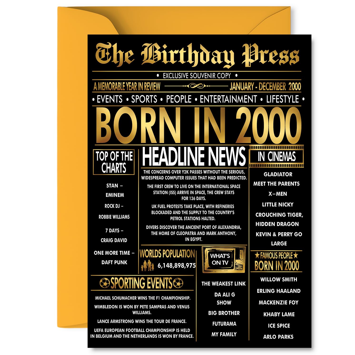 Gold 26th Birthday Card for Men Women - Black & Golden Newspaper Born in 2000 - Happy 26 Birthday Cards for Colleague Cousin Uncle Niece Auntie Husband, 5x7 Inch Bday Greeting Cards