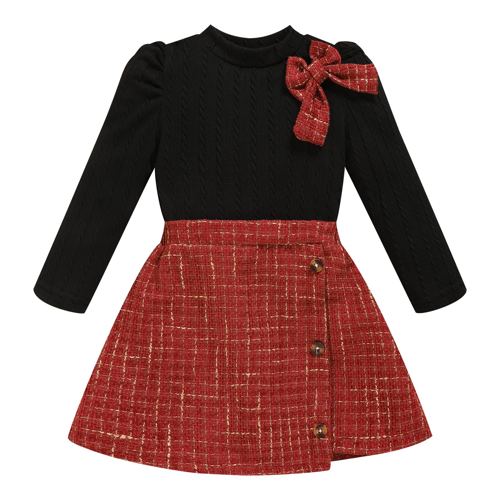 Toddler Girl Plaid Outfits Fall Winter Dress Knit Ribbed Bow Sweatshirt Tops and Button Fashion Skirts Set