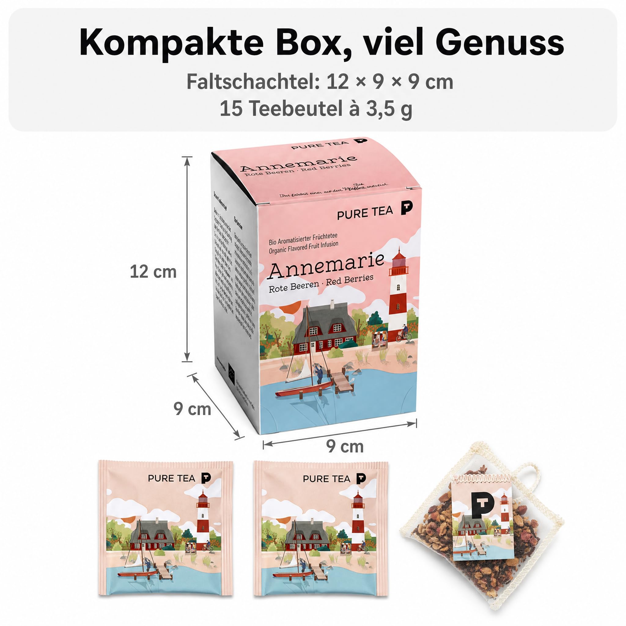 6 x Pure Tea Früchtetee Annemarie Beeren & Vanille, 15 Teebeutel à 3,5 g, aromatisierter Premium-Früchtetee, koffeinfrei & glutenfrei, Dispenserbox