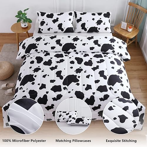 Miniatura 3 de PERFEMET Juego de edredón individual con estampado de vaca para niños, 3 piezas, color negro y blanco, juego de ropa de cama reversible a cuadros