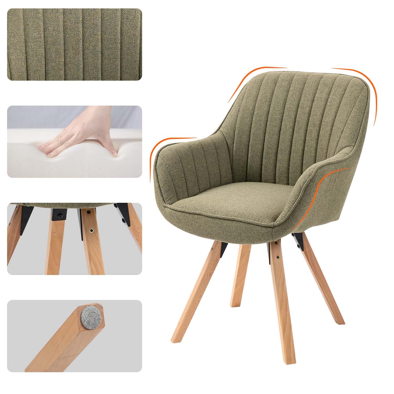 MEUBLE Cosy Esszimmerstühle Drehbar 1 Stück Küchenstuhl Polsterstuhl Drehstuhl mit Armlehne Sessel Schminkstuhl aus Stoff Massivholzbeine für Esszimmer Wohnzimmer Arbeitszimmer, Grün
