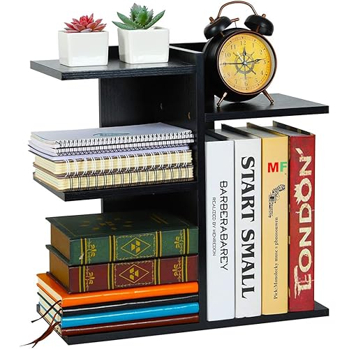 PAG Wood Desktop Shelf Small Bookshelf Desk Supplies Organizers and Accessories Storage Display Rack Office Decor for Women, Black