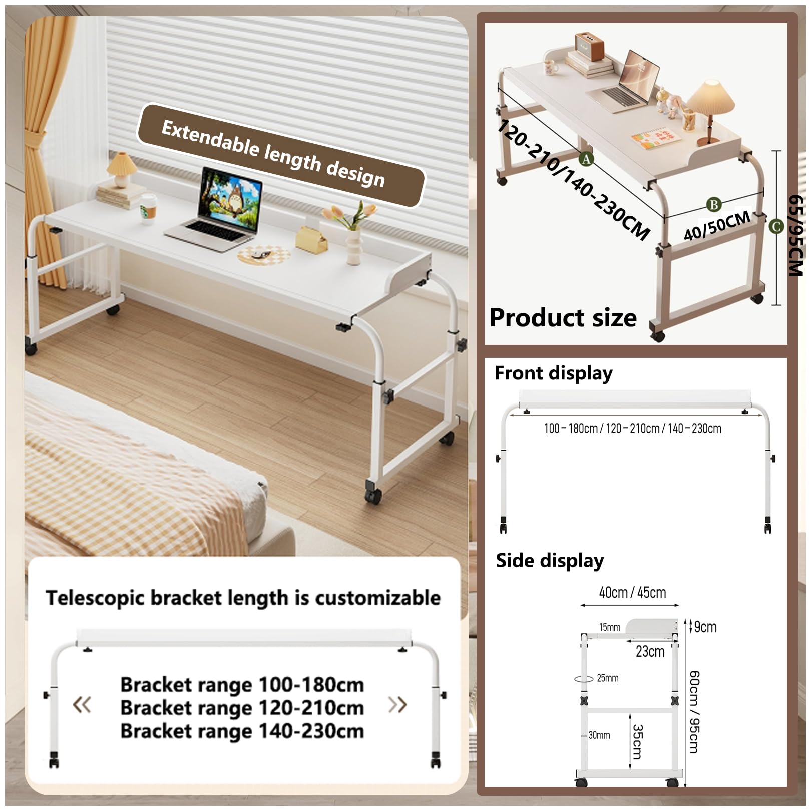 Bureau à roulettes Au-Dessus du Lit, Hauteur 65-95cm, Bureau pour Ordinateur Portable en Largeur 114-210CM avec 4 Roulette Verrouillable,pour travailler à la maison ou à l'hôpital
