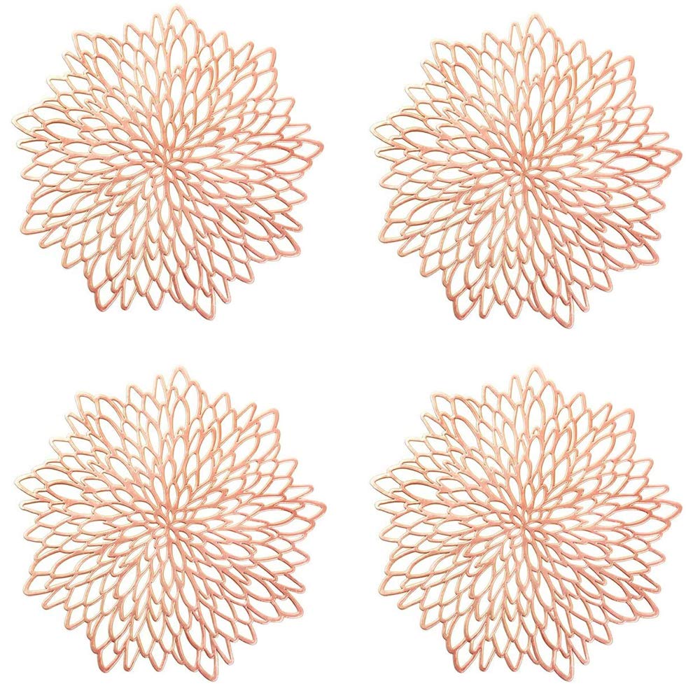 4 Piezas Manteles Individuales Huecos de Oro Rosa, Manteles Individuales Redondo Hueco Flor Posavasos, Mantel Antideslizante de Hoja de Vinilo Laminado, para Decoración de Mesa