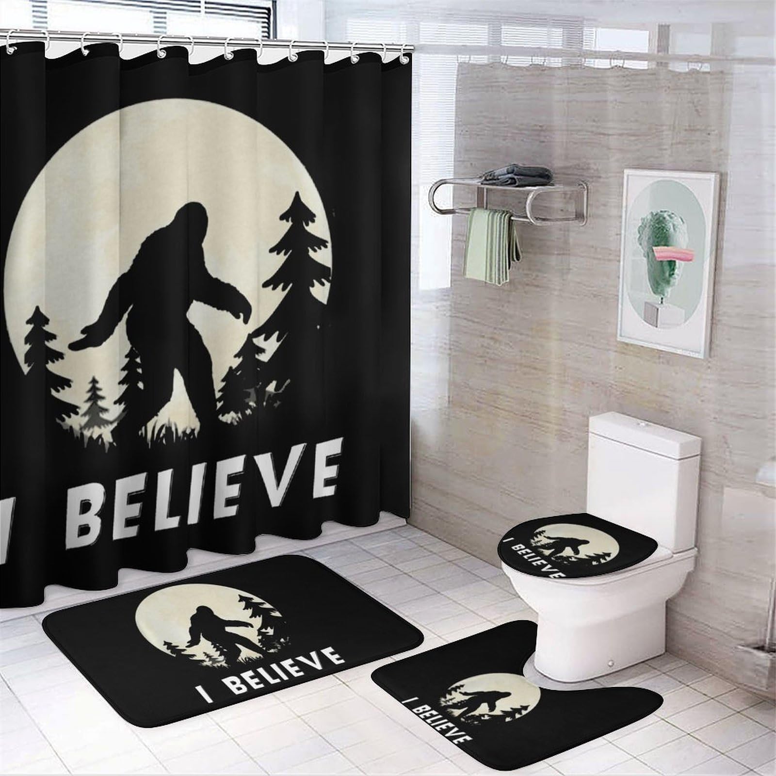 CGSBNGHA Bigfoot Sasquatch I Believe Shower Curtain Set 4 Piece Bathroom Sets with Rugs Toilet Lid Cover And U-Shaped Floor Mat