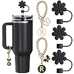 ANLABESY Compatible with Stanley Cup Accessories, 3PCS Black Straw Toppers for Stanley Cup Straw Cover Cap, 2PCS Cute Letter for 30&40 Oz Tumbler with Handle(R)